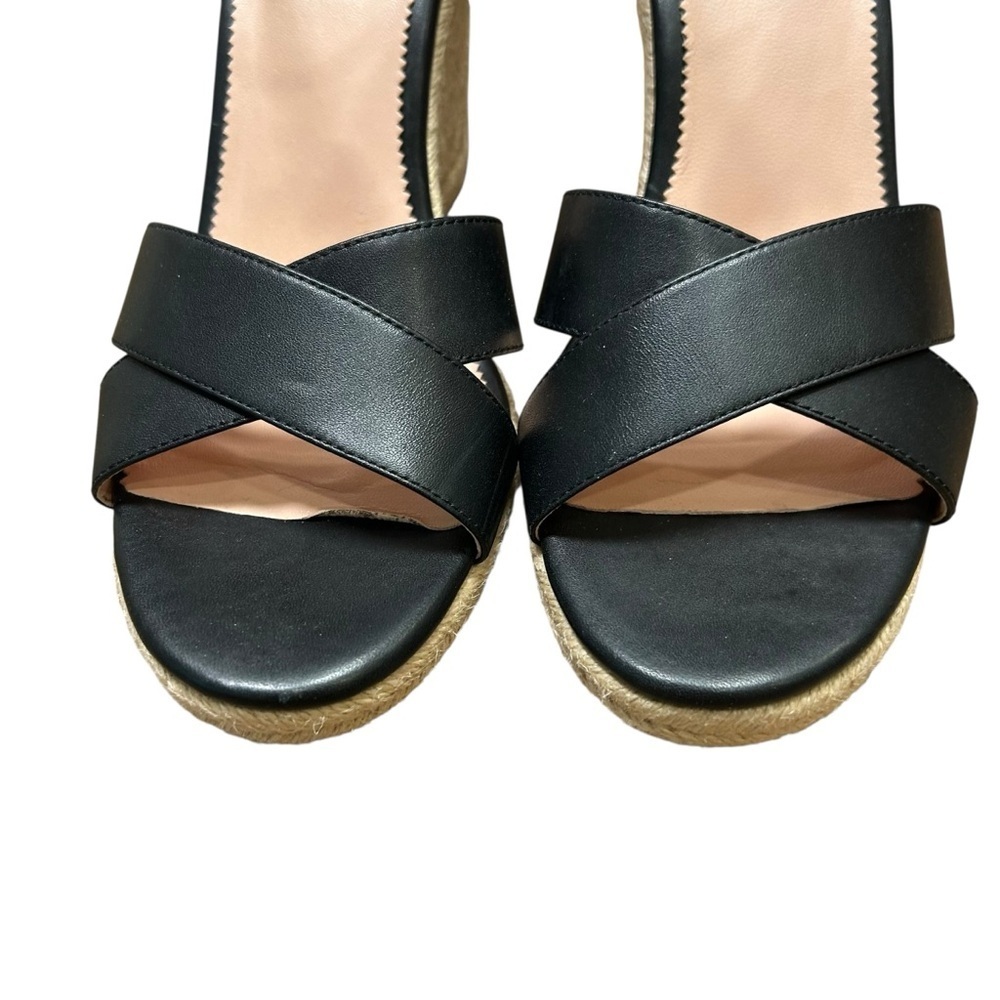 New Box J. crew black leather espadrille wedge size 10.5 open toe preppy an870 - Picture 4 of 6